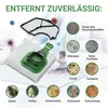 A vacuum cleaner bag and filter are shown with various types of debris that can be removed, along with a child in the background. Produktbild-Vorschau