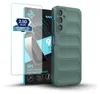 A green phone case and a screen protector are displayed next to their packaging. Produktbild-Vorschau