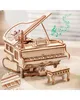 A 3D wooden model of a grand piano with a bench, with musical notes depicted in green above it. Podgląd zdjęcia produktu