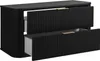 A black bathroom vanity cabinet with two drawers, one of which is partially open, revealing its interior. The cabinet has a fluted texture on its drawer fronts and sides, and gold-colored handles. Anteprima dell’immagine prodotto