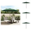 A patio scene with two lounge chairs and a large green umbrella, alongside three separate images of green umbrellas on white backgrounds. Produktbild-Vorschau