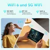 A split image showing a woman using earbuds outdoors and hands holding a tablet indoors. Produktbild-Vorschau
