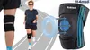 A collage showing a woman running with a knee brace, a close-up of a knee brace, and a diagram illustrating how the knee brace works. Produktbild-Vorschau