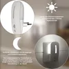 A collage of images showcasing a white plug-in night light with motion and twilight sensors, along with descriptive text. Podgląd zdjęcia produktu