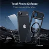 A dark, moody background with rocky terrain, showcasing an iPhone with a screen protector and a clear case. Produktbild-Vorschau