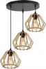 A multi-pendant ceiling lamp with wooden geometric shades and exposed bulbs, suspended from a black circular base. Voir les images du produit