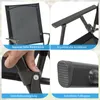 A collage of four close-up images showcasing features of a black folding garden chair. Podgląd zdjęcia produktu
