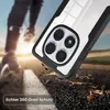 A person's legs are blurred in the background, running on a road. A phone case is in the foreground, showing its camera array and transparent back. Produktbild-Vorschau