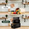 A split image showing a kitchen counter with produce before and after using storage boxes. Produktbild-Vorschau