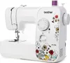 A white Brother JX17FE sewing machine with floral decorations, shown from a slight diagonal angle against a white background. Produktbild-Vorschau