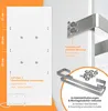 A white panel with mounting points and dimensions shown, alongside stainless steel brackets and mounting accessories. Produktbild-Vorschau