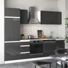 A modern, sleek kitchen unit with high-gloss anthracite and white cabinets, a stainless steel range hood, and a tiled backsplash. Anteprima dell’immagine prodotto