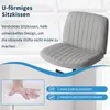A close-up of a gray fabric chair cushion with text overlays describing its features and a hand pressing into a foam material. Produktbild-Vorschau