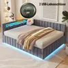 A bed with LED lighting and a close-up of a USB charging port. Náhled obrázku produktu