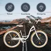 A cream-colored bicycle with a brown basket is parked on a road with mountains in the background. Three circular icons with text are displayed above the bicycle. Produktbild-Vorschau