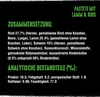 A black background with text detailing the ingredients and nutritional information of a pet food product. Produktbild-Vorschau