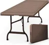 A brown folding table with a rattan-like texture is shown in its open state, with a folded version of the table displayed below it. Anteprima dell’immagine prodotto