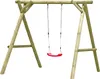 A wooden swing set with a red swing, isolated on a white background. Produktbild-Vorschau
