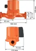 Diagrams showing the dimensions of an orange and black pump. Anteprima dell’immagine prodotto