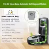 A robot vacuum cleaner and its charging base with a vacuum bag being emptied into it, with text listing compatible models. Produktbild-Vorschau