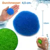 A collage of blue and green balls, with a hand holding a blue ball and another hand squeezing a green ball, surrounded by water splashes. Produktbild-Vorschau
