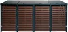 A front view of a four-unit trash bin enclosure with slatted wooden-look doors. Produktbild-Vorschau