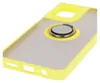 A close-up, angled view of a yellow and translucent phone case with a silver ring holder. Produktbild-Vorschau