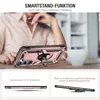 A person is holding a rosegold phone case with a ring stand on a table, with a cup in the background. Below are two smaller images showing the phone case from different angles and highlighting features. Produktbild-Vorschau