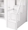 A close-up view of the white wooden stairs and storage compartments of a loft bed. Podgląd zdjęcia produktu