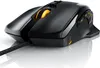 A black gaming mouse with orange accents is shown on a white reflective surface. Produktbild-Vorschau