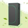 A grow tent with dimensions indicated by text overlays, set against a light green background with floating leaf graphics. Náhled obrázku produktu