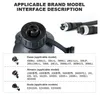 A close-up of a fishing reel connector and cables, with a list of compatible fishing reel models from different brands. Náhled obrázku produktu
