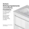 A close-up of a white bathroom cabinet with drawers, with text overlay describing its features. Produktbild-Vorschau