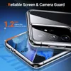 A close-up marketing image of a clear phone case on a blue background, highlighting its protective features. Produktbild-Vorschau