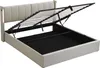 A beige upholstered bed frame with the mattress support mechanism lifted, revealing storage space underneath. Náhled obrázku produktu