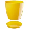 A yellow plastic plant pot with a matching saucer, shown separately against a white background. Podgląd zdjęcia produktu