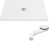 A white square shower tray with a silver drain cover is shown above a white drain assembly. Podgląd zdjęcia produktu