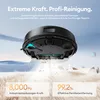 A robot vacuum cleaner is shown from underneath, cleaning up debris on a textured surface, with text overlays highlighting its features. Produktbild-Vorschau