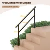 A black metal handrail is installed on a set of outdoor stairs, with green bushes in the background. Dimensions are indicated with yellow lines and text. Podgląd zdjęcia produktu