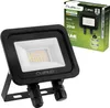 A black LED floodlight is shown in the foreground, with its packaging in the background. Voir les images du produit