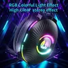 A close-up of a gaming headset with RGB lighting against a dark, abstract background with geometric shapes and neon lights. Produktbild-Vorschau