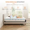 A woman is sleeping on a mattress in a bedroom with large windows in the background. The image also includes marketing text and icons highlighting product features. Produktbild-Vorschau