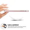 A hand holding a slim phone case, with a feather and text describing its features. Produktbild-Vorschau