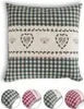 A collage of a pillowcase with a gingham pattern and heart embroidery, along with close-up views of different color variations. Produktbild-Vorschau