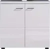 A white bathroom vanity cabinet with two doors and two drawers. Produktbild-Vorschau
