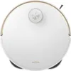 A top-down view of a white robot vacuum cleaner with gold trim. Voir les images du produit