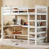 A white loft bed with a desk and shelves underneath, set against a light wood-paneled wall.
