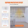 A kitchen scene with transparent plastic strips hanging as a door, with icons and text highlighting product features. Voir les images du produit