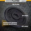 A close-up of a black weight plate with dimensions and text overlays. Produktbild-Vorschau