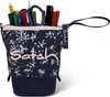 A pencil case filled with pens, pencils, and scissors, standing upright. Produktbild-Vorschau